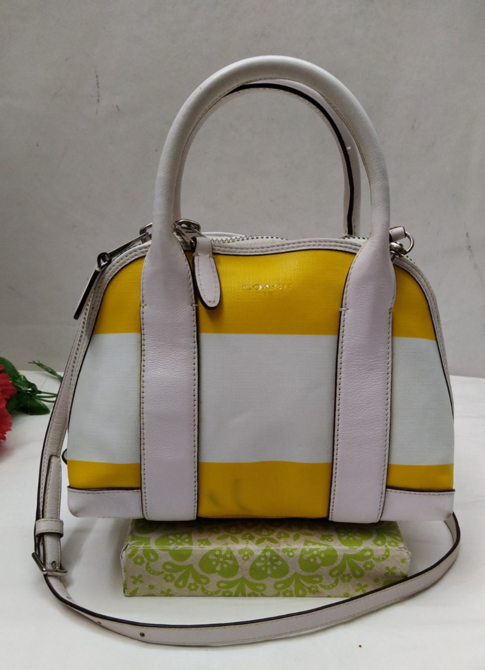 Coach White Leather Yellow Stripe Double Handles Zipper Satchel Bag